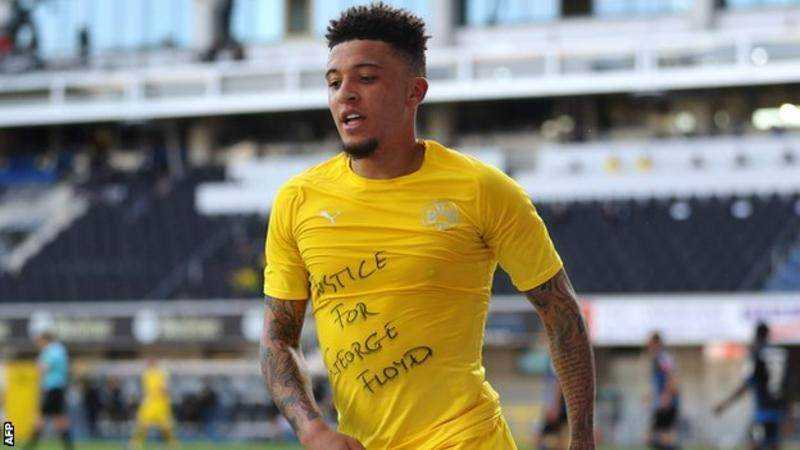 Jadon Sancho pays tribute to George Floyd with t-shirt Photograph